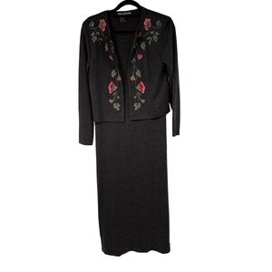 Nina Leonard Dress Suit Womens Small Dark Gray Skirt Embroidered Floral Classic